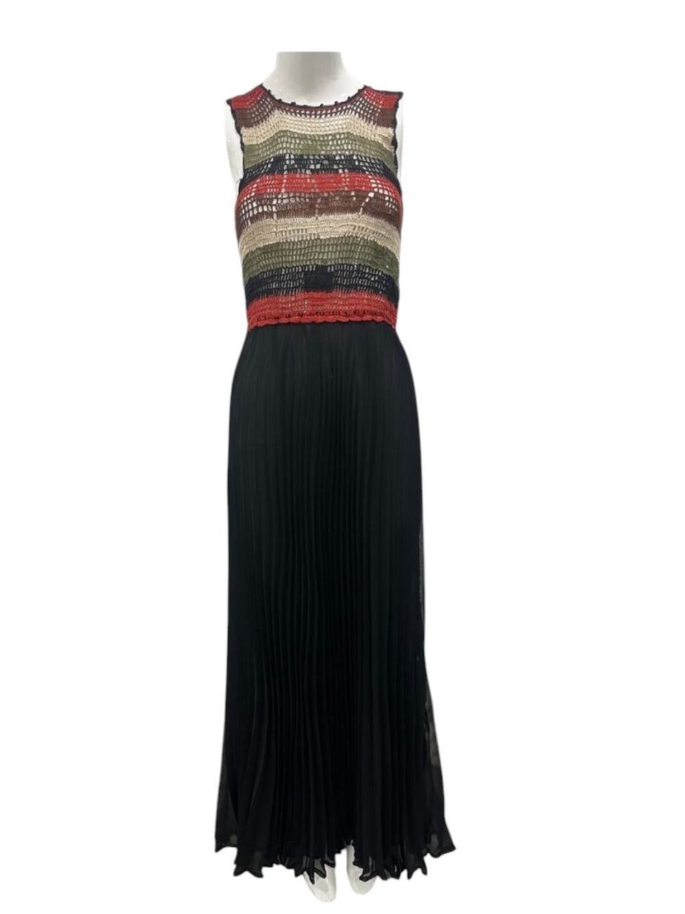 Carolina K Anthropologie Silk Crochet Pleated Sleeveless Maxi Dress Black Red Sm